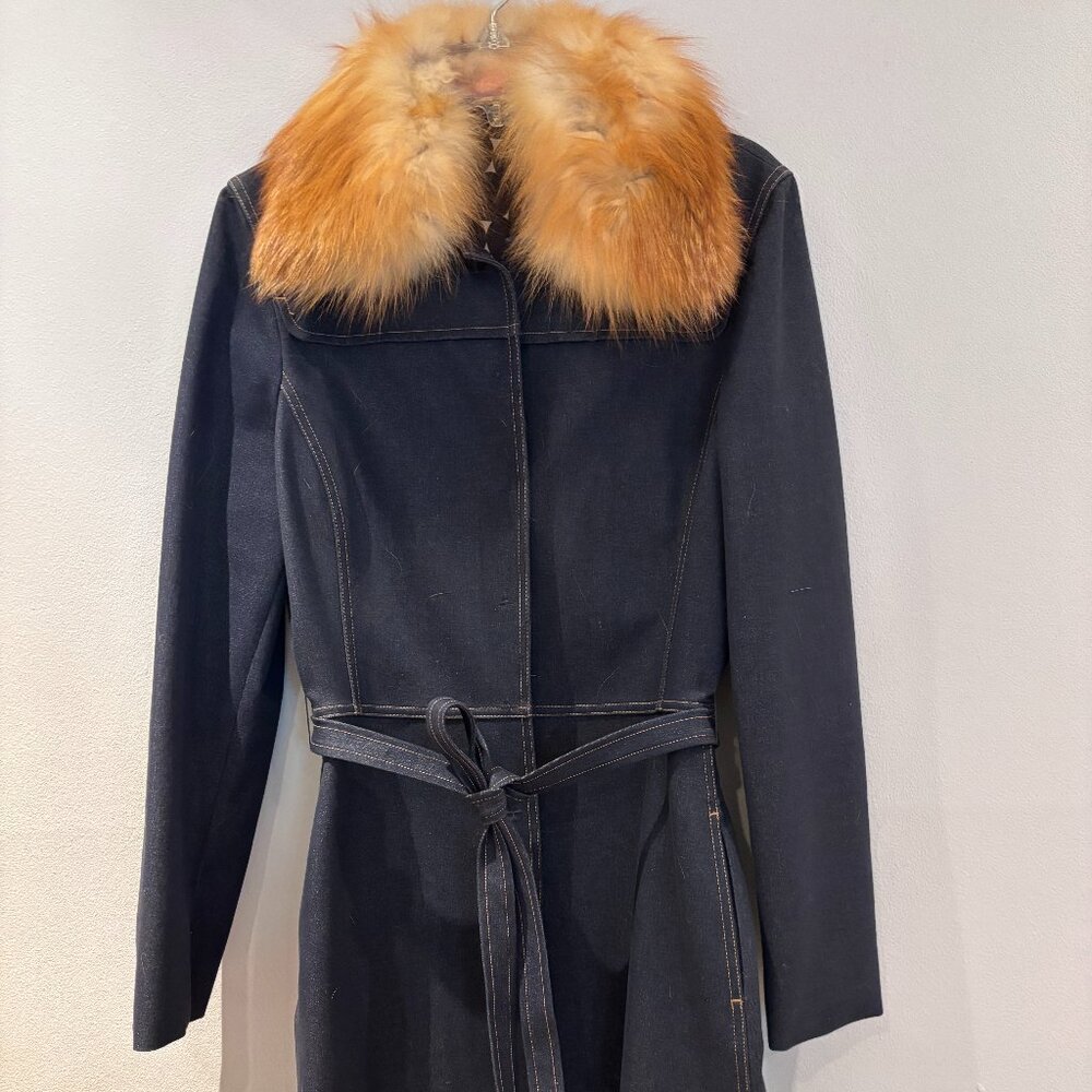 Tahari Denim Trench Coat with Removable Fox Fur Collar size M